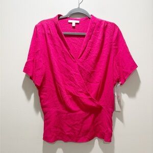CHELSEA 28 NEW Women’s Pink Swiss Dot Faux Wrap V Neck Short Sleeve Blouse Sz M